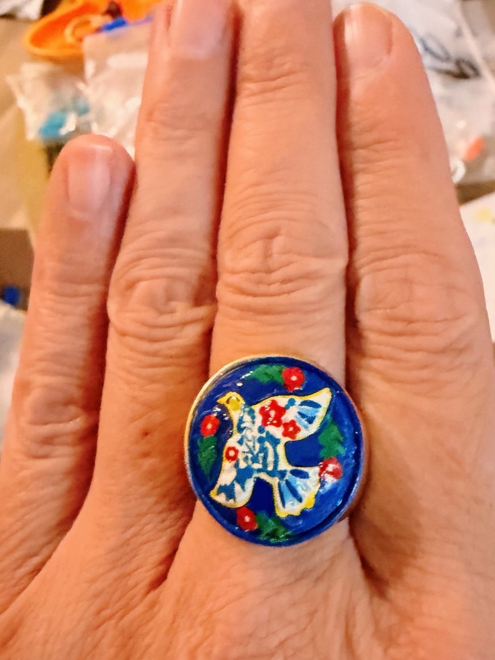 Blue Enamel Dove Ring with White and Red Floral Accents